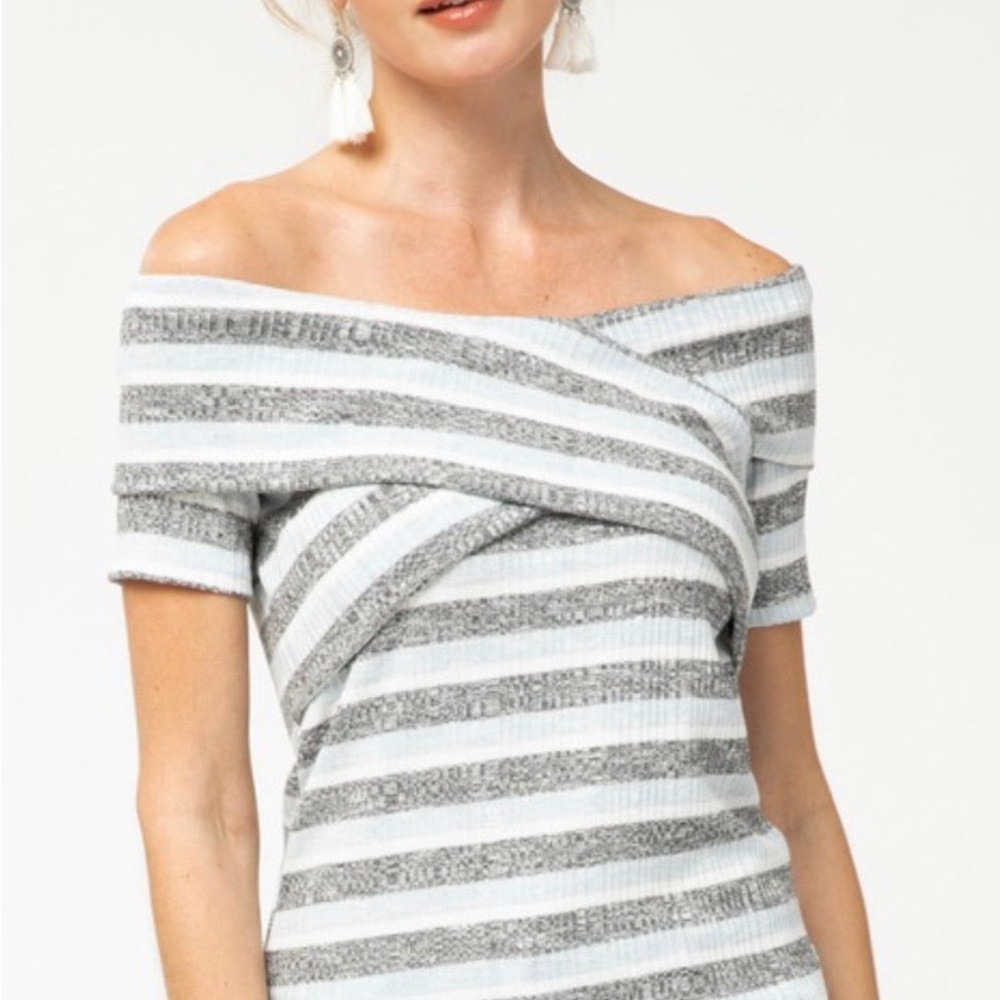 Gray and White Off-the-Shoulder Sweater with Stripes